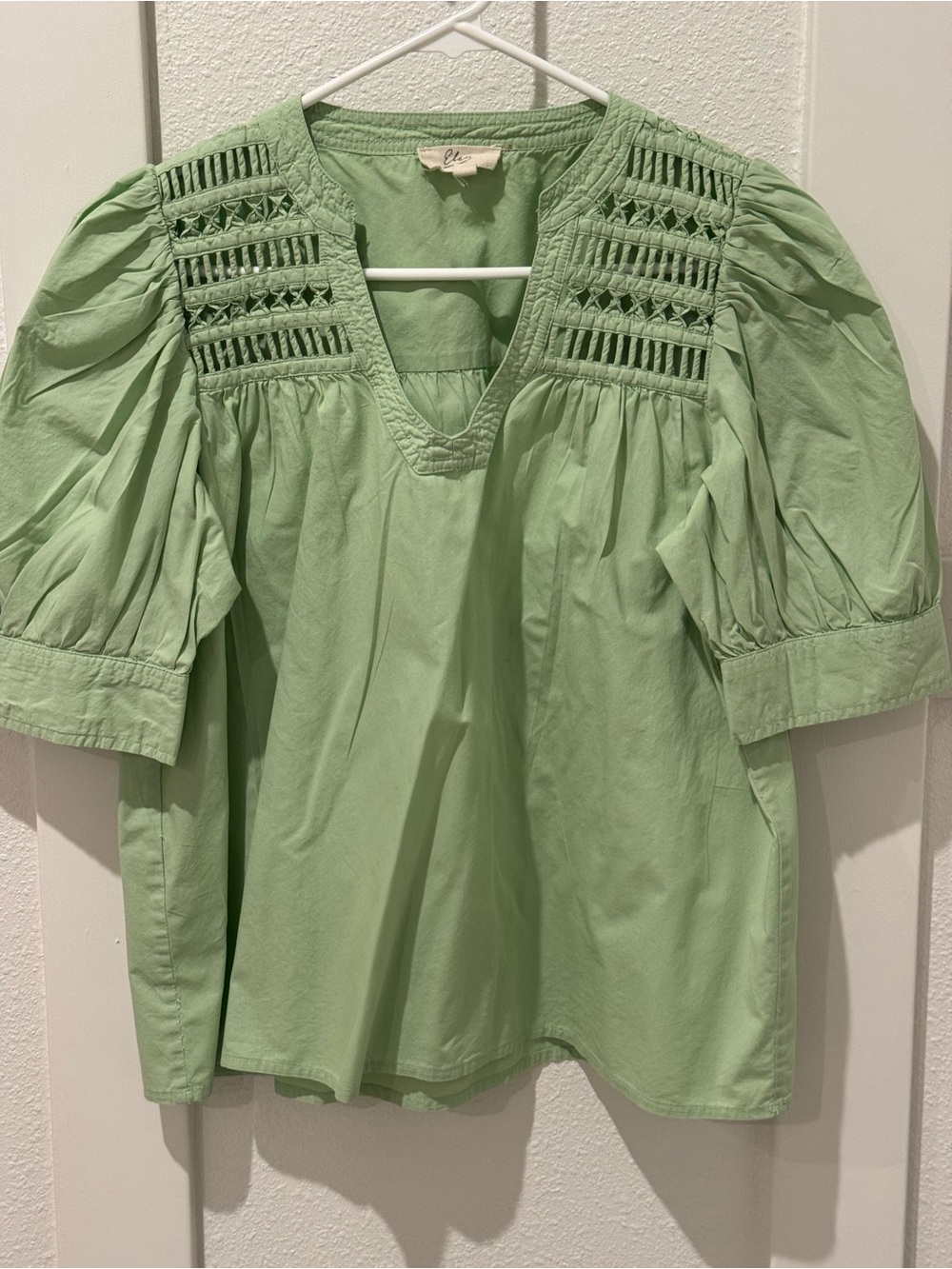 Elan Light Green Puff Sleeve Crochet Yoke Top